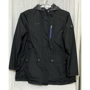 Boeing Woman’s Black Reversible Faux Fur Polyester Coat Zip Up Size XL Hooded